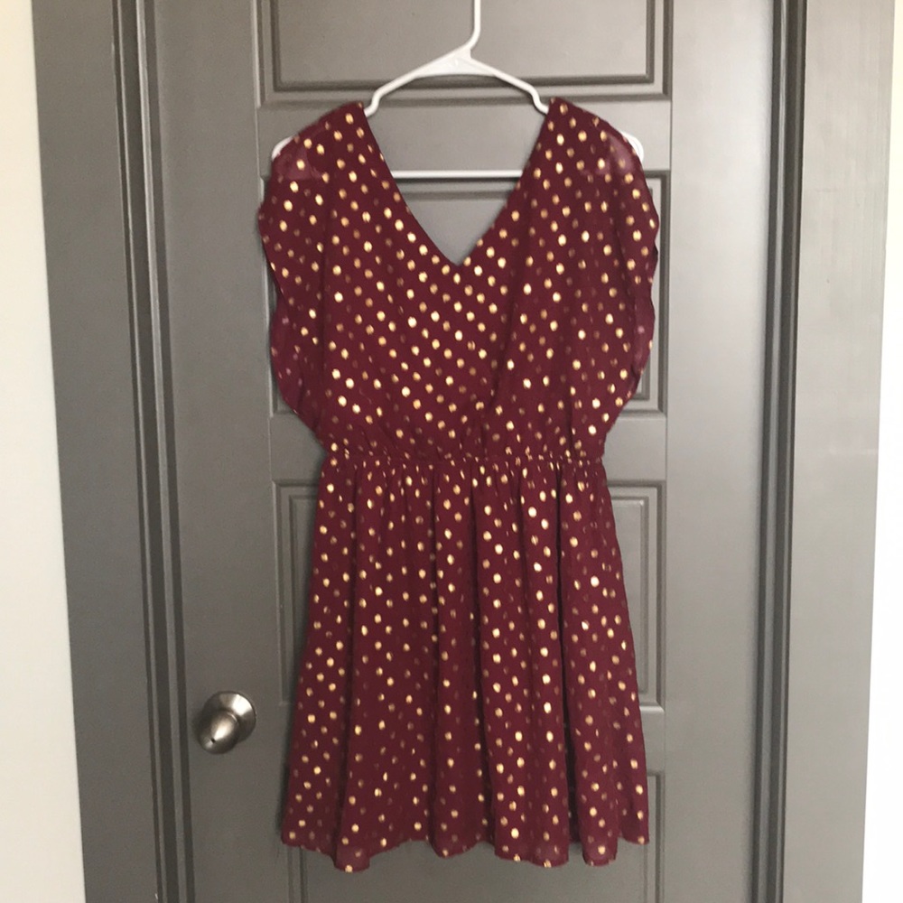 Maroon w/ gold polka dots dress